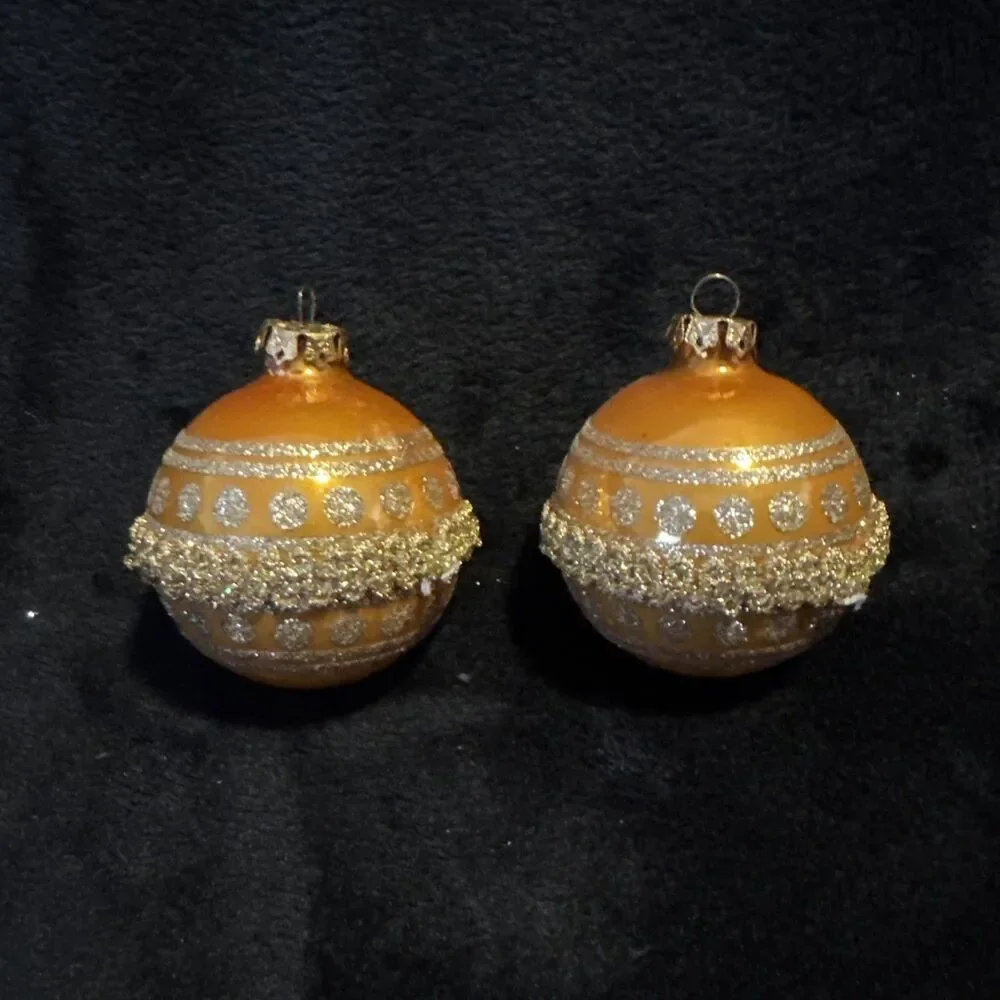 2 Vintage 50s Shiny Brite Gold Glitter Circles Ribbon Christmas Ornaments
